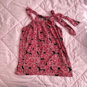 Black/Red Sequined Floral Asymmetric Top w/ Tie Shoulder Detail